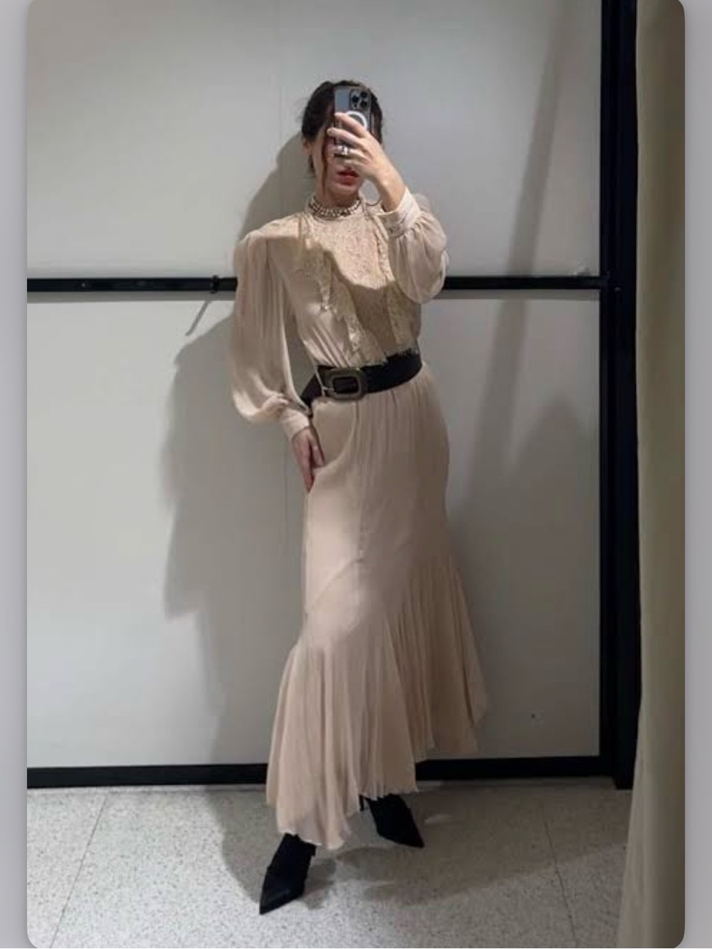 ZARA Cream Pleated Ruffled Boho Maxi Dress with Long Puff Sleeves - Picture 8 of 16